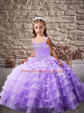 Lavender Straps Lace Up Beading and Ruffled Layers Pageant Dress for Girls Brush Train Sleeveless