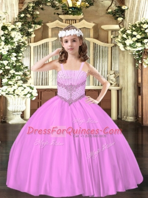 Lilac Ball Gowns Straps Sleeveless Satin Floor Length Lace Up Beading Glitz Pageant Dress