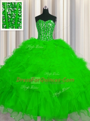 Graceful Visible Boning Ball Gowns Tulle Sweetheart Sleeveless Beading and Ruffles and Sequins Floor Length Lace Up Quince Ball Gowns