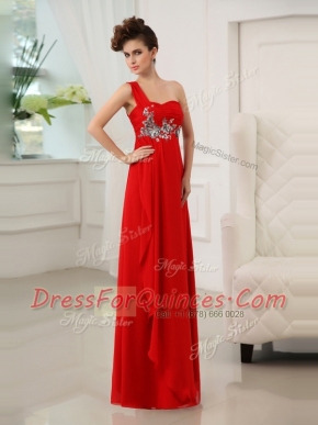 Delicate One Shoulder Sleeveless Zipper Floor Length Beading and Appliques and Ruching Homecoming Dress