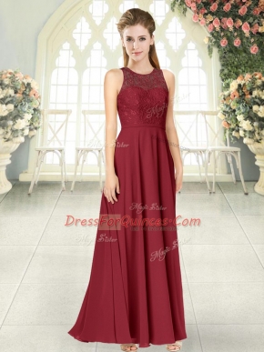 Sleeveless Floor Length Lace Backless Dress for Prom with Burgundy
