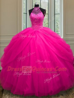 Extravagant Hot Pink Halter Top Neckline Beading and Sequins Quinceanera Gown Sleeveless Lace Up