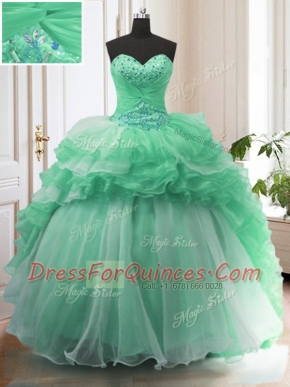 Shining Sweetheart Sleeveless Ball Gown Prom Dress With Train Sweep Train Beading Apple Green Organza