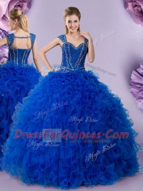 Straps Cap Sleeves Lace Up Floor Length Beading and Ruffles Ball Gown Prom Dress