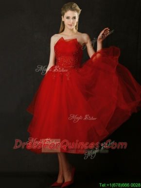 Elegant Tea Length Applique Red Prom Dresses with Asymmetrical Neckline