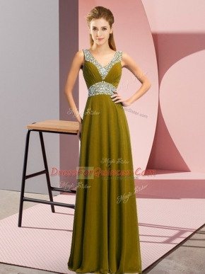 Latest Olive Green Chiffon Lace Up V-neck Sleeveless Floor Length Prom Gown Beading