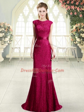 Cap Sleeves Sweep Train Backless Beading and Lace Prom Party Dress