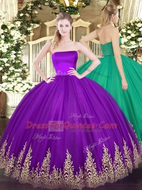 Flare Purple Strapless Zipper Appliques 15 Quinceanera Dress Sleeveless