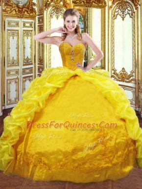 Beautiful Gold Sweet 16 Dresses Taffeta Brush Train Sleeveless Beading and Embroidery and Pick Ups