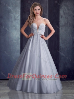 Latest See Through A Line Belted with Beading Dama Dress in Grey