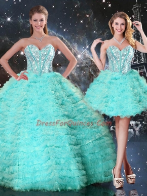 Turquoise Ball Gowns Beading and Ruffled Layers Sweet 16 Dresses Lace Up Organza Sleeveless Floor Length