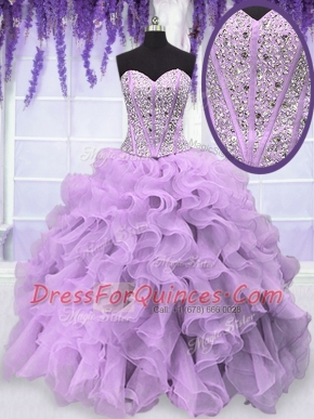 Lavender Organza Lace Up Sweetheart Sleeveless Floor Length 15 Quinceanera Dress Beading and Ruffles