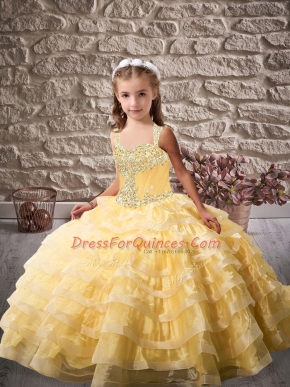 Gold Ball Gowns Beading and Ruffled Layers Little Girls Pageant Dress Lace Up Tulle Sleeveless