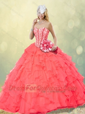 Pretty Coral Red Quinceanera Gowns with Beading and Ruffles for Fall