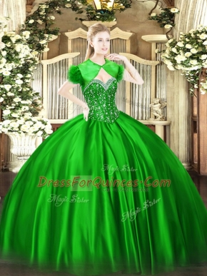 Modest Satin Sleeveless Floor Length Quince Ball Gowns and Beading