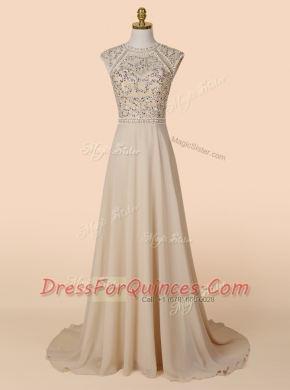 Excellent With Train Champagne Prom Dresses Scoop Sleeveless Brush Train Backless