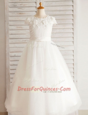 Flirting Scoop Short Sleeves Floor Length Beading and Appliques Zipper Flower Girl Dress with White