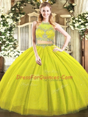 Pretty Olive Green Tulle Zipper Scoop Sleeveless Floor Length 15 Quinceanera Dress Beading
