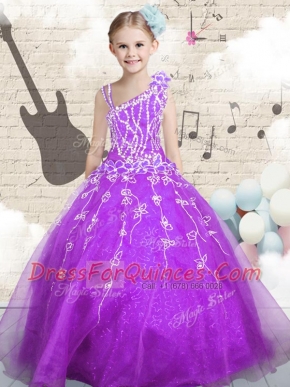 Super Organza Asymmetric Sleeveless Lace Up Beading and Appliques and Hand Made Flower Flower Girl Dresses in Purple