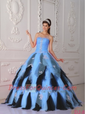 Strapless Ball Gown Applique Beadings A-line Taffeta and Organza Blue and Black 2014 Spring Quiceanera Dresses