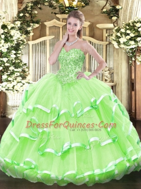 Great Sweetheart Sleeveless Organza Sweet 16 Dresses Appliques and Ruffled Layers Lace Up