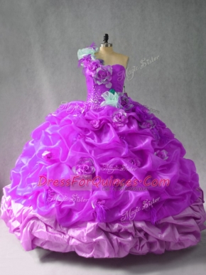 Beautiful One Shoulder Sleeveless Sweet 16 Dress Floor Length Pick Ups and Hand Made Flower Purple Organza