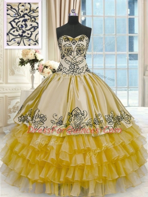 Gold Organza and Taffeta Lace Up Ball Gown Prom Dress Sleeveless Floor Length Beading and Embroidery and Ruffled Layers