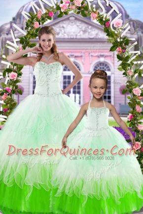Pretty Tulle Sleeveless Floor Length 15th Birthday Dress and Beading