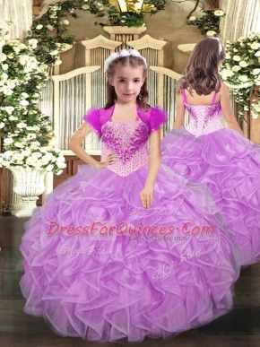 Customized Straps Sleeveless Little Girl Pageant Dress Floor Length Beading and Ruffles Lilac Organza