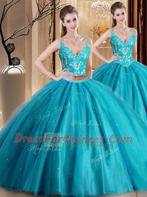 Sophisticated Tulle Spaghetti Straps Sleeveless Lace Up Beading and Lace and Appliques Ball Gown Prom Dress in Teal