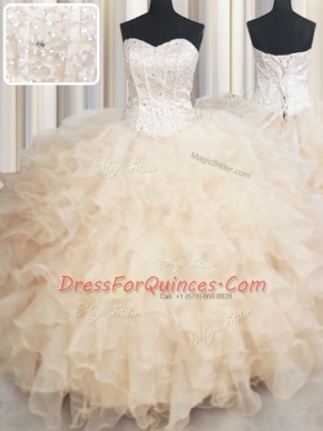 Organza Sweetheart Sleeveless Lace Up Beading and Ruffles Quinceanera Dress in Champagne