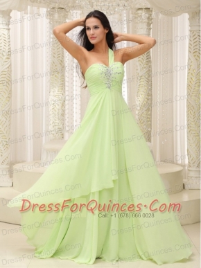 Prom Dress Yellow Green One Shoulder and Ruched Bodice Beaded Decorate Bust