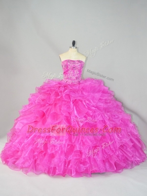 Hot Pink Strapless Lace Up Beading and Ruffles Ball Gown Prom Dress Court Train Sleeveless