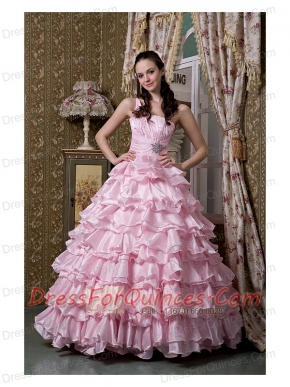 Quinceanea Dress A-line One Shoulder Floor-length Elastic Woven Satin Beading Ruffled Layers