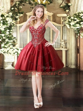Mini Length Lace Up Casual Dresses Wine Red for Prom and Party with Beading