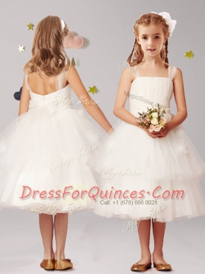 Straps Sleeveless Tulle Tea Length Zipper Flower Girl Dresses for Less in White with Appliques and Ruffled Layers and Bowknot