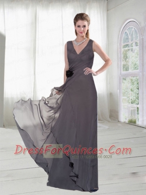 Grey V Neck Dama Dress with Hand Made Flowers at Low Price