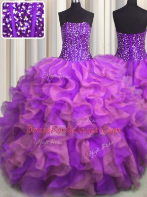 Stunning Visible Boning Beaded Bodice Strapless Sleeveless Quince Ball Gowns Floor Length Beading and Ruffles Multi-color Organza