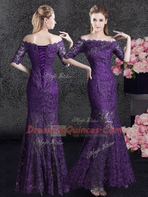 Mermaid Off the Shoulder Eggplant Purple Lace Lace Up Prom Dress Half Sleeves Floor Length Lace