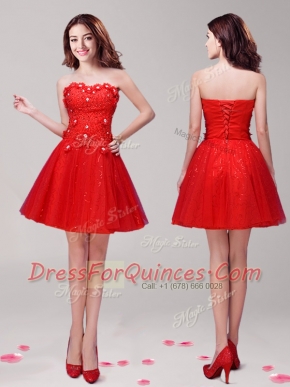 Graceful Beading and Appliques Prom Dresses Red Lace Up Sleeveless Mini Length