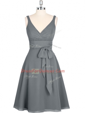 Nice Grey A-line V-neck Sleeveless Chiffon Mini Length Zipper Ruching Prom Dresses