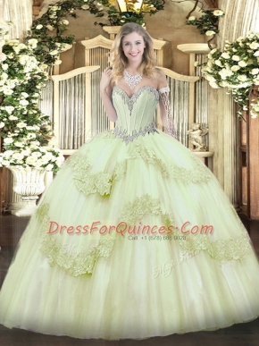Yellow Green Sweet 16 Quinceanera Dress Military Ball and Sweet 16 and Quinceanera with Beading and Appliques Sweetheart Sleeveless Lace Up