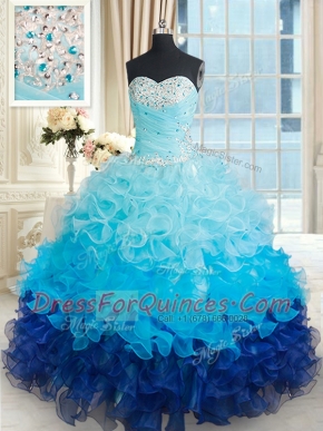 Fitting Multi-color Ball Gowns Beading and Ruffles Vestidos de Quinceanera Lace Up Organza Sleeveless Floor Length