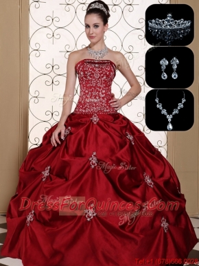 Discount Embroidery Strapless Sweet 16 Dresses in Wine Red