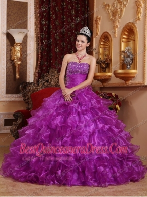 Purple Ball Gown Strapless Floor-length Organza Beading Quinceanera Dress