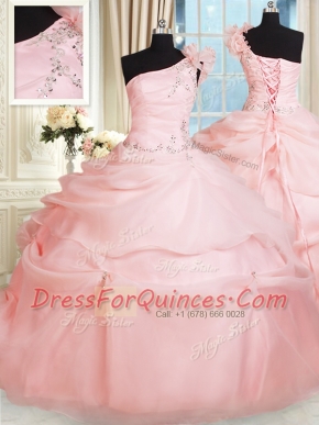 Latest One Shoulder Pink Sleeveless Organza Lace Up Sweet 16 Quinceanera Dress for Military Ball and Sweet 16 and Quinceanera