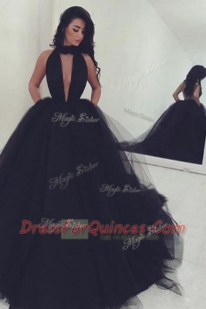 Spectacular With Train Backless Prom Dresses Black for Prom with Ruching Sweep Train