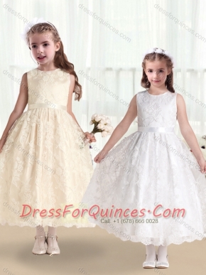 Pretty Scoop Lace and Belt Flower Little Girl Dress in White