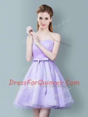 Ruching and Bowknot Quinceanera Dama Dress Lavender Zipper Sleeveless Knee Length