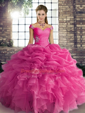 Suitable Off The Shoulder Sleeveless Quinceanera Dress Floor Length Beading and Ruffles and Pick Ups Rose Pink Organza